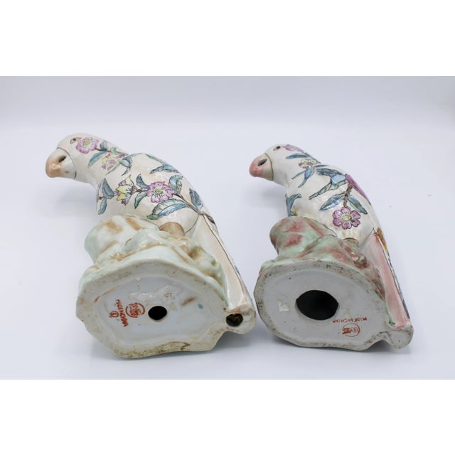 Rose Large Mid Century Famille Rose Chinese Export Parrot Figurines - Set of Two For Sale - Image 8 of 12