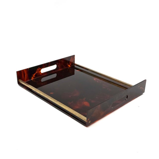 Hollywood Regency Hollywood Regency Brass and Tortoiseshell Lucite Tray, Italy 1970s For Sale - Image 3 of 10