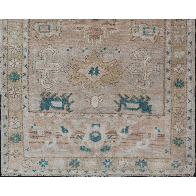 Turkish Oushak Vintage in Variation of Muted Colors, Tan, Pink, Teal & Lt. Brown 2'5"x4'2" For Sale - Image 4 of 9