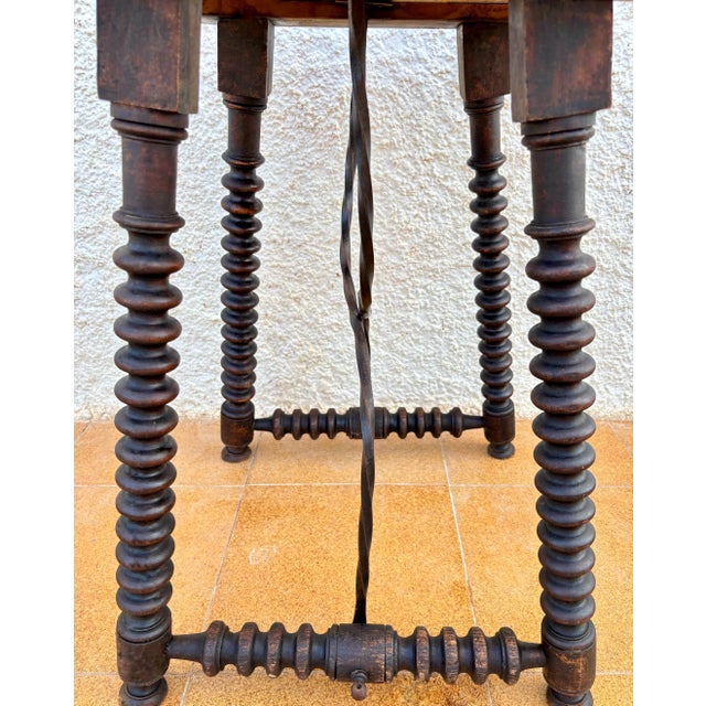 1920s 1920s Spanish Baroque Revival Oak Side Table with Barley Twist Legs and Iron Stretcher For Sale - Image 5 of 10