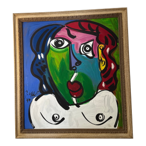 1970s Vintage Abstract Portraiture, Painting by Peter Robert Keil, Framed