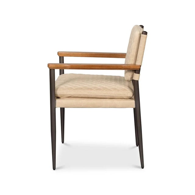 The quilted cappuccino cream white leather upholstery offers a sophisticated texture, while the slim metal frame and warm...