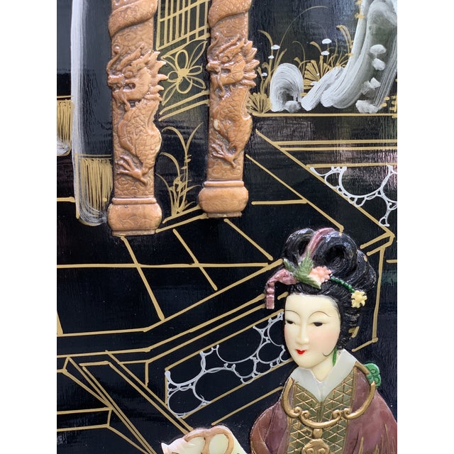 Vintage Chinoiserie Black Lacquer Inlaid Room Divider Screen For Sale - Image 12 of 12