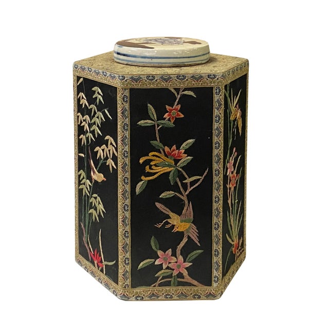 2010s Chinese Black Hexagon Container Flower Birds Embroidery Porcelain Cover For Sale - Image 5 of 11