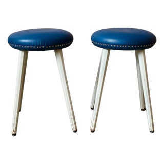 Vintage Rockabilly Stools in Blue Faux Leather with Studs and Compass Legs, 1960s, Set of 2 For Sale