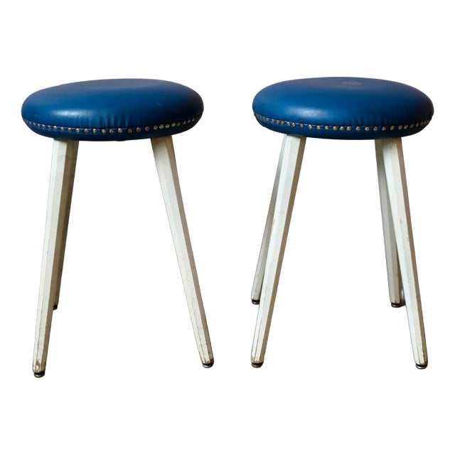 Vintage Rockabilly Stools in Blue Faux Leather with Studs and Compass Legs, 1960s, Set of 2 For Sale