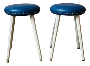 Vintage Rockabilly Stools in Blue Faux Leather with Studs and Compass Legs, 1960s, Set of 2