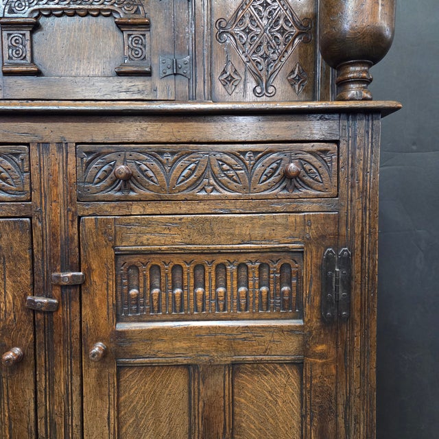 Late 19th Century 19th Century English Oak Carved Panel Jacobean 3 Door & 2 Drawer Court Cupboard With Bulbous Supports For Sale - Image 5 of 18