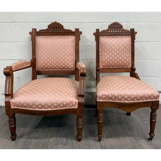 Late 19th Century Antique Victorian Eastlake Carved His and Hers Parlor Chairs - Pair For Sale - Image 5 of 11