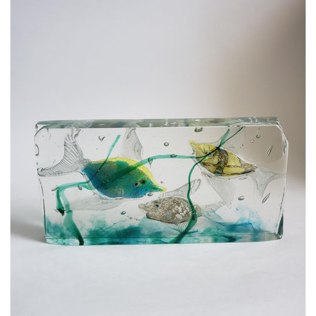 Turquoise Vintage Alfredo Barbini Murano Attributed Glass Aquarium 3 Fish For Sale - Image 8 of 12
