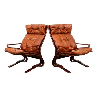 Mid Century Danish Modern Lounge Chairs Brown Leather Bentwood Set Pair Vintage For Sale