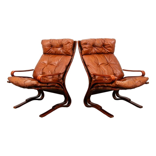 Mid Century Danish Modern Lounge Chairs Brown Leather Bentwood Set Pair Vintage For Sale