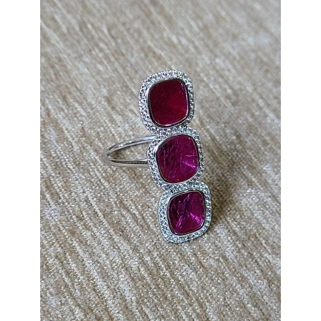 Metal Set in 18k Gold, Mozambique Ruby & Diamonds Cocktail, Three Stone Ring, Size 6.5 For Sale - Image 7 of 10