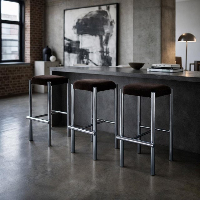 Chrome Bar Stools With Chocolate Velvet Seats, Set of Three,Vintage Mid Century For Sale - Image 18 of 18