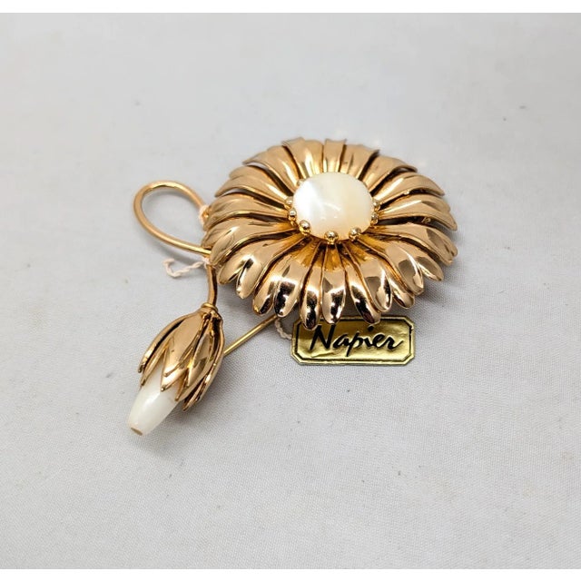 Vintage Signed Napier Goldtone Yellow Cabochon Flower & Bud Brooch For Sale In Philadelphia - Image 6 of 8