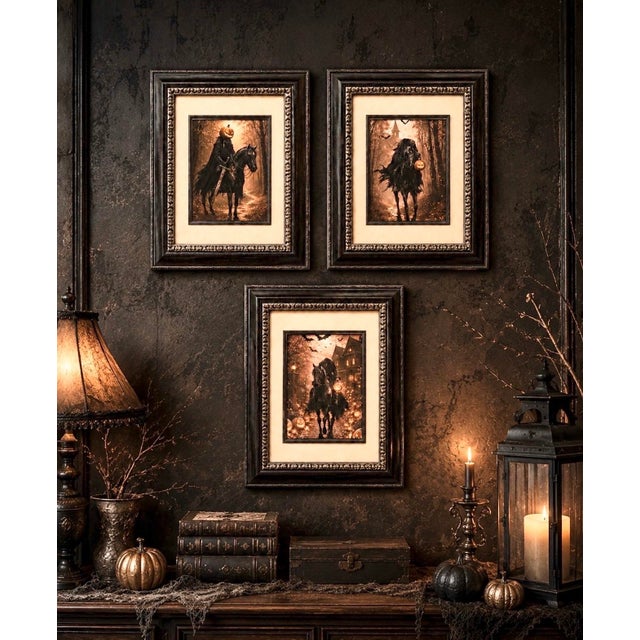 Black Set of 3 Framed Headless Horseman Halloween Prints in Ornate Gothic Frames For Sale - Image 8 of 12