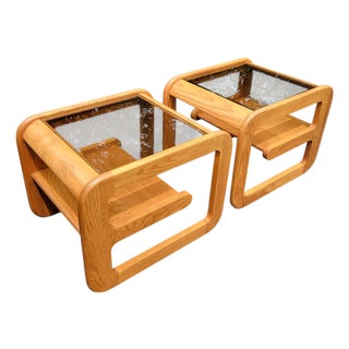 Pair Lou Hodges C1970s Solid Oak Smoke Glass Cantilevered Side End Tables For Sale