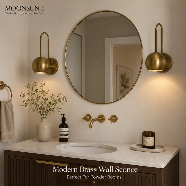 Mid-Century Modern Modern Bronze Brass Wall Sconce, Handmade Curved Arm Wall Light, Mid Century Globe Sconce, Bathroom Vanity Lamp, Bedroom Brass Wall Fixture For Sale - Image 3 of 12
