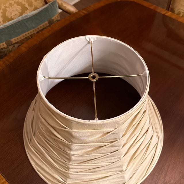 Vintage Custom Smocked Shantung textured bell shape lamp shade. Forearm brass spider with half inch recess.