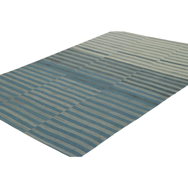 Rug & Kilim Rug & Kilim’s Contemporary Kilim With Blue and Gray Textural Stripes For Sale - Image 4 of 7