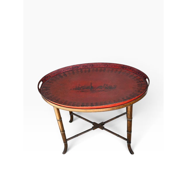 19th Century Antique Red Tole Tray Side Table on Mahogany Fan Bamboo Stand For Sale - Image 5 of 7