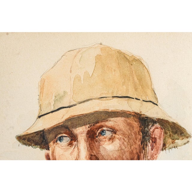 1940s Framed Mid-Century Figurative Vintage Artwork Watercolor Painting Portrait of a Man Mustache Hat For Sale - Image 5 of 12