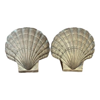 Vintage Mid-Century Heavy Brass Scallop Sea Shell Bookends - a Pair For Sale
