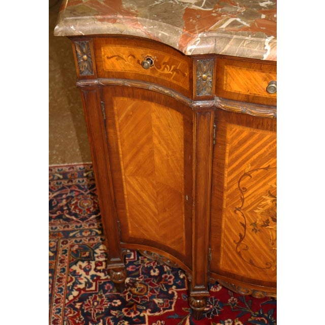 1920's French Louis XVI Style Marble Top Satinwood Inlaid Chest Dresser Commode For Sale - Image 10 of 15
