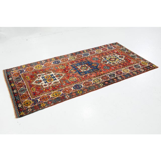 Traditional Red Vintage Kazak Caucasian Wool Runner With Multicolor Geometric Design For Sale - Image 3 of 8
