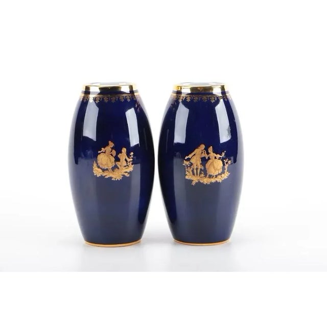 Limoges, France Early 20th Century Pair of Gilt and Cobalt Limoges Vases For Sale - Image 4 of 6