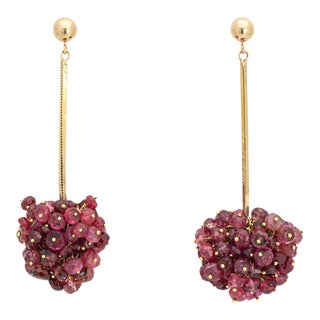 Raspberry Drop Earrings Pink Tourmaline Cluster Vintage 14k Yellow Gold 2" Drops For Sale