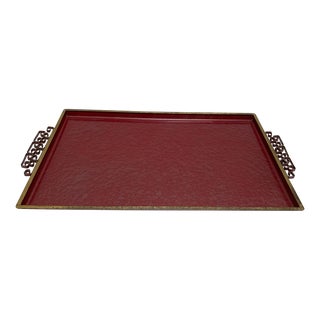 Vintage Midcentury Enamelware Tray With Ornate Golden Handles For Sale