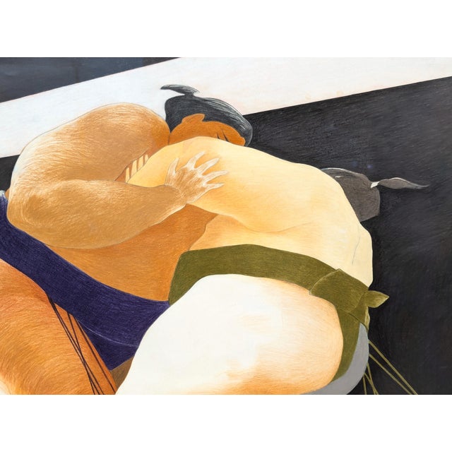 Phyllis Steele Modern Colorful Pastel Drawing of a Pair of Sumo Wrestlers in Blue and Green, 20th Century For Sale - Image 11 of 12