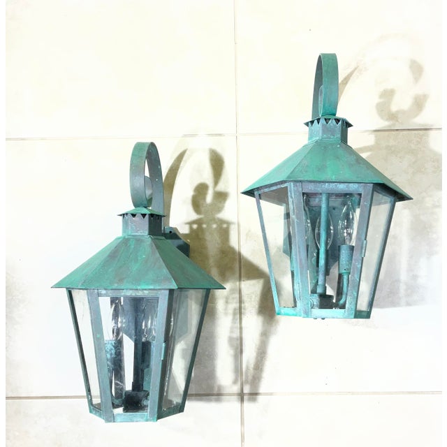 Vintage Solid Copper & Brass Outdoor Lantern Sconces / 18”h X 11”w X 12”d For Sale - Image 16 of 18