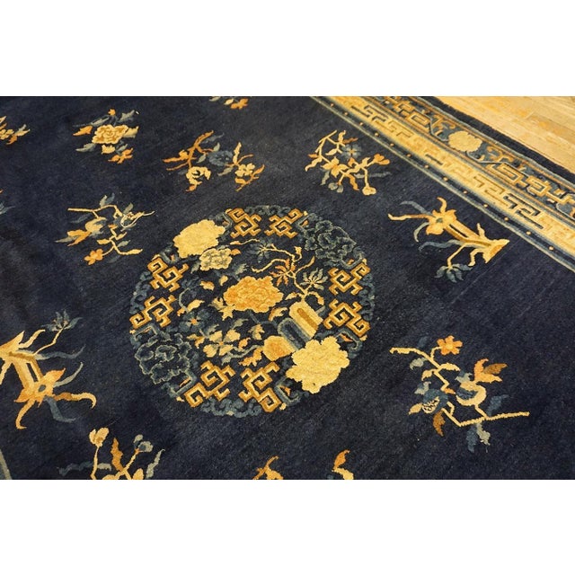 19th Century Fascinanting Navy Background and Beige Border Color With Floral-Medallion Design Antique Chinese Peking Gallery Rug For Sale - Image 5 of 11