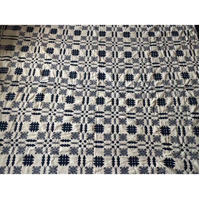 Antique 19th Century Hand Loom Woven Blue and White Coverlet For Sale - Image 11 of 16