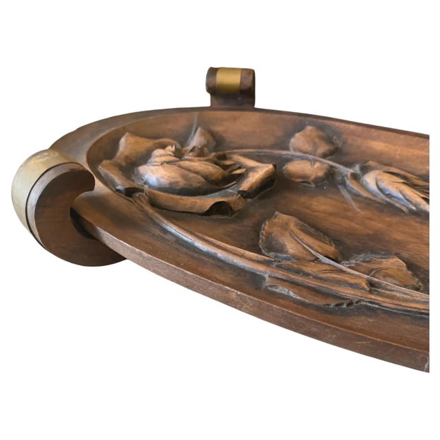 This authentic 1930s French Art Deco centerpiece tray showcases a hand-carved, rich dark hardwood vessel with smooth...