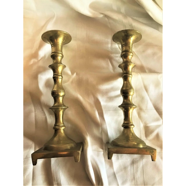 Antique Traditional Heavy Brass Candlesticks- a Pair For Sale - Image 4 of 5