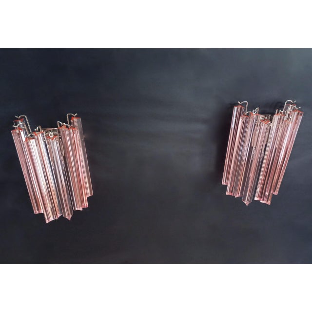 Rose Pair of Murano Wall Sconces 9 Pink Triedri For Sale - Image 8 of 12