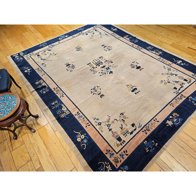 Antique Chinese Peking Rug, Hand-Knotted Wool Pile, Pale Tan & Blue, 9' x 12' For Sale - Image 12 of 18