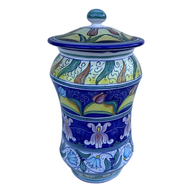 Late 20th Century Jar With Lid, Mario Sambuco, Deruta Italy, Hand Painted, Vantage Italian For Sale