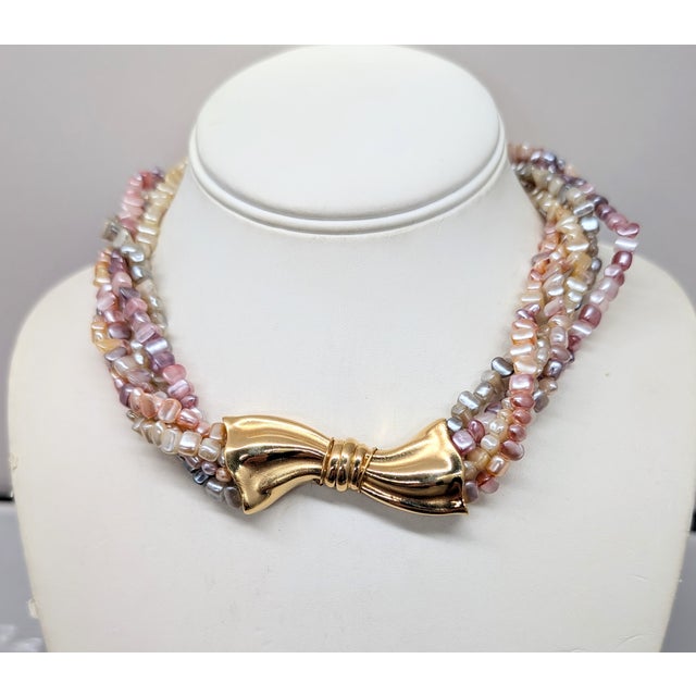 Metal Vintage 1981 Napier Goldtone Faux-Mother of Pearl Beaded Bow Necklace For Sale - Image 7 of 7
