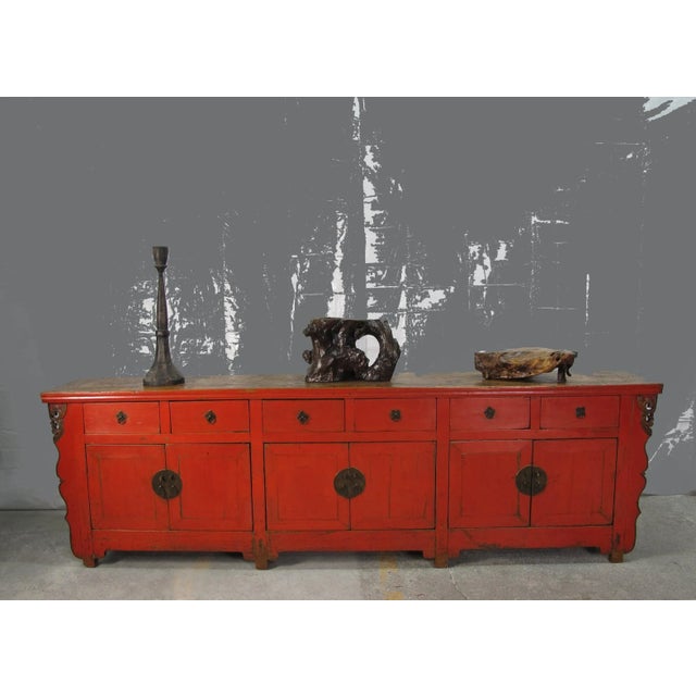 Red 9 Feet Long Red Antique Chinese Buffet Sideboard Cabinet For Sale - Image 8 of 12