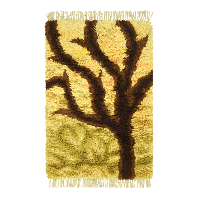 Vintage Swedish Rya Rug in Yellow and Brown With Tree Pictorial | Rug & Kilim For Sale