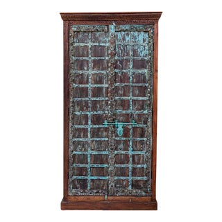 1920s Rustic Antique Armoire From India, Blue Hues Iron Grid For Sale