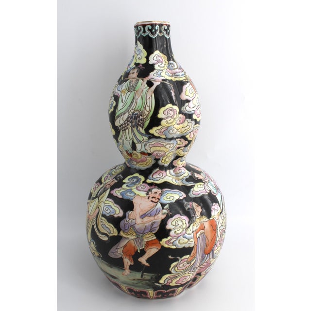 Antique Chinese Famille Noir Porcelain Vase, Double Gourd Shape, Qing Dynsty 15" For Sale - Image 4 of 13
