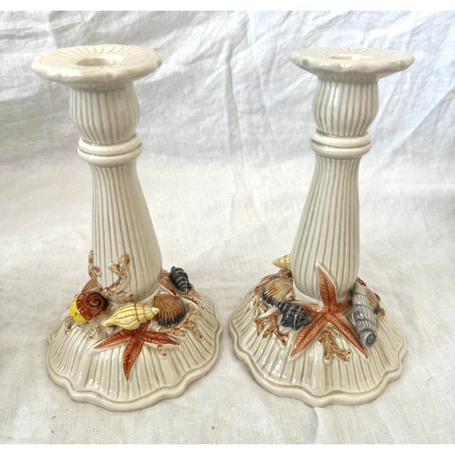 Hollywood Regency Vintage Fitz & Floyd "Shell" Pillar Holders For Sale - Image 3 of 6