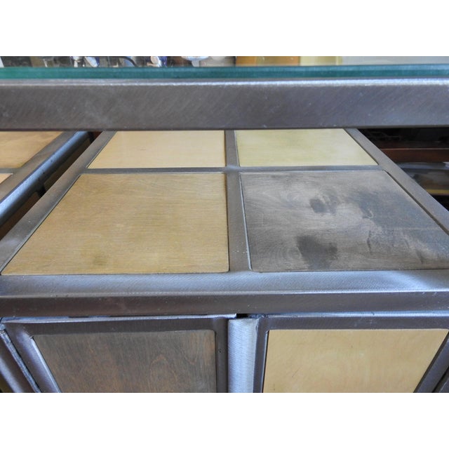 Pair of Venezia Furniture Industrial Modern Steel & Stained Wood Nightstands / End Tables With Glass Tops For Sale - Image 9 of 16