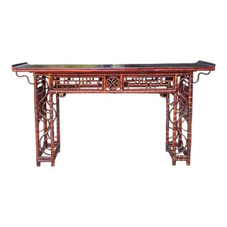 Antique Chinese Bamboo Altar Console Table With Chippendale Fretwork For Sale