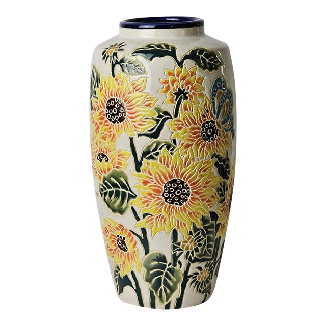 Vintage MCM Signed Studio Art Pottery Sunflower Handmade Ceramic Vase For Sale